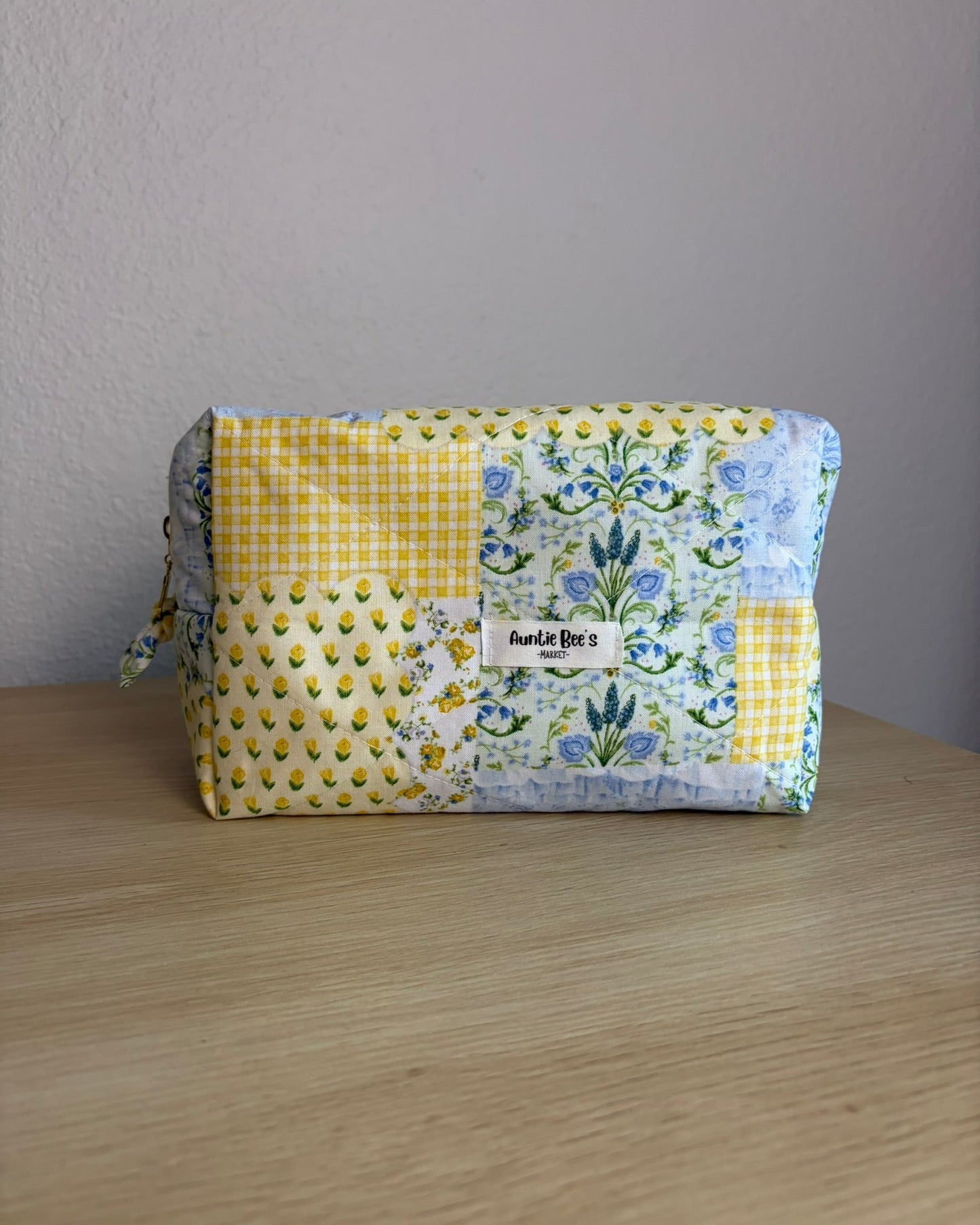 Handmade Quilted Yellow and Blue Patchwork Makeup Box Pouch