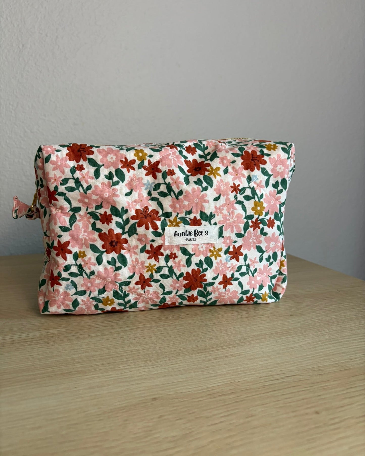Handmade Quilted Red Pink Floral Makeup Box Pouch + Red Gingham