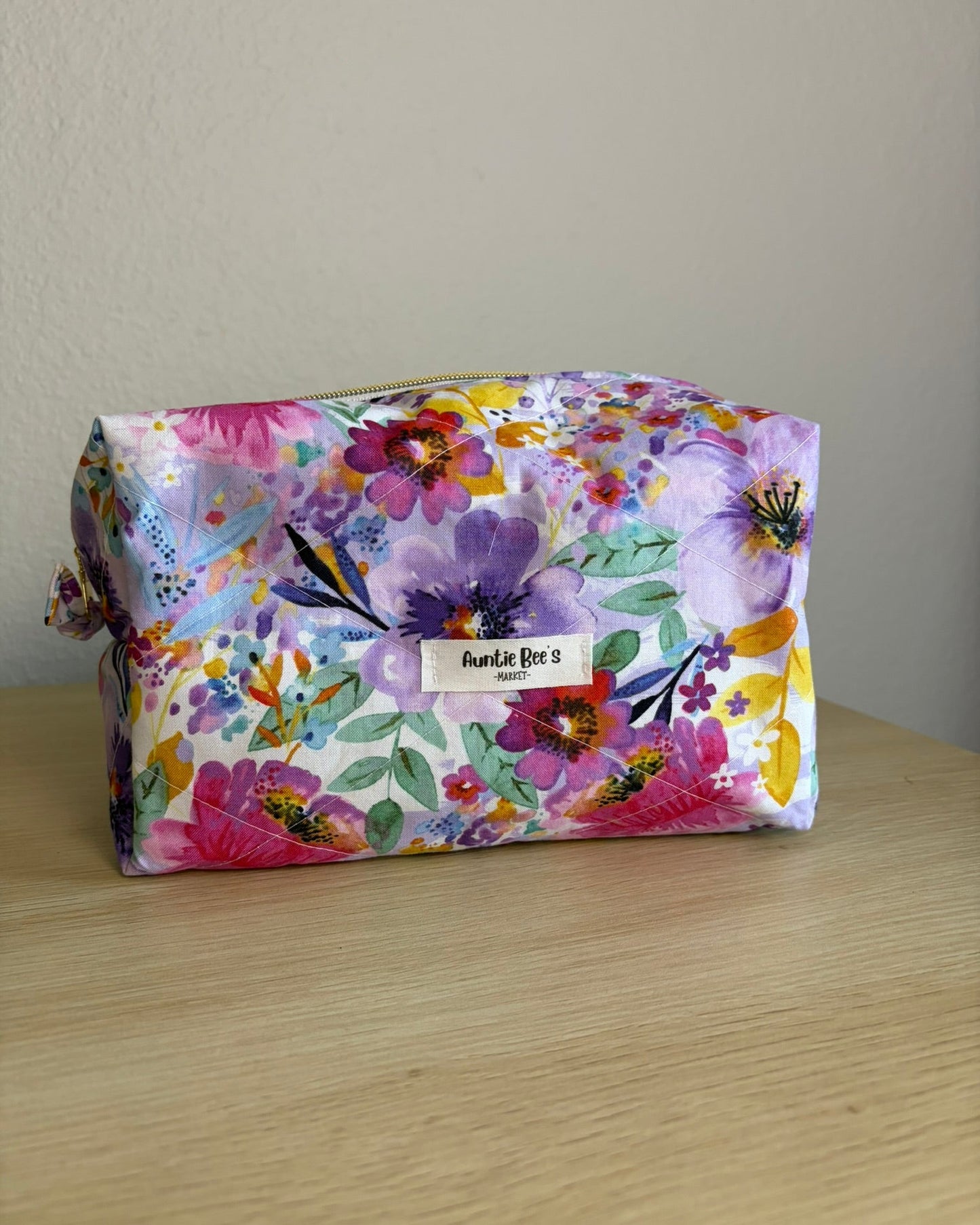Handmade Quilted Mulitcolor Purple Floral Makeup Box Pouch