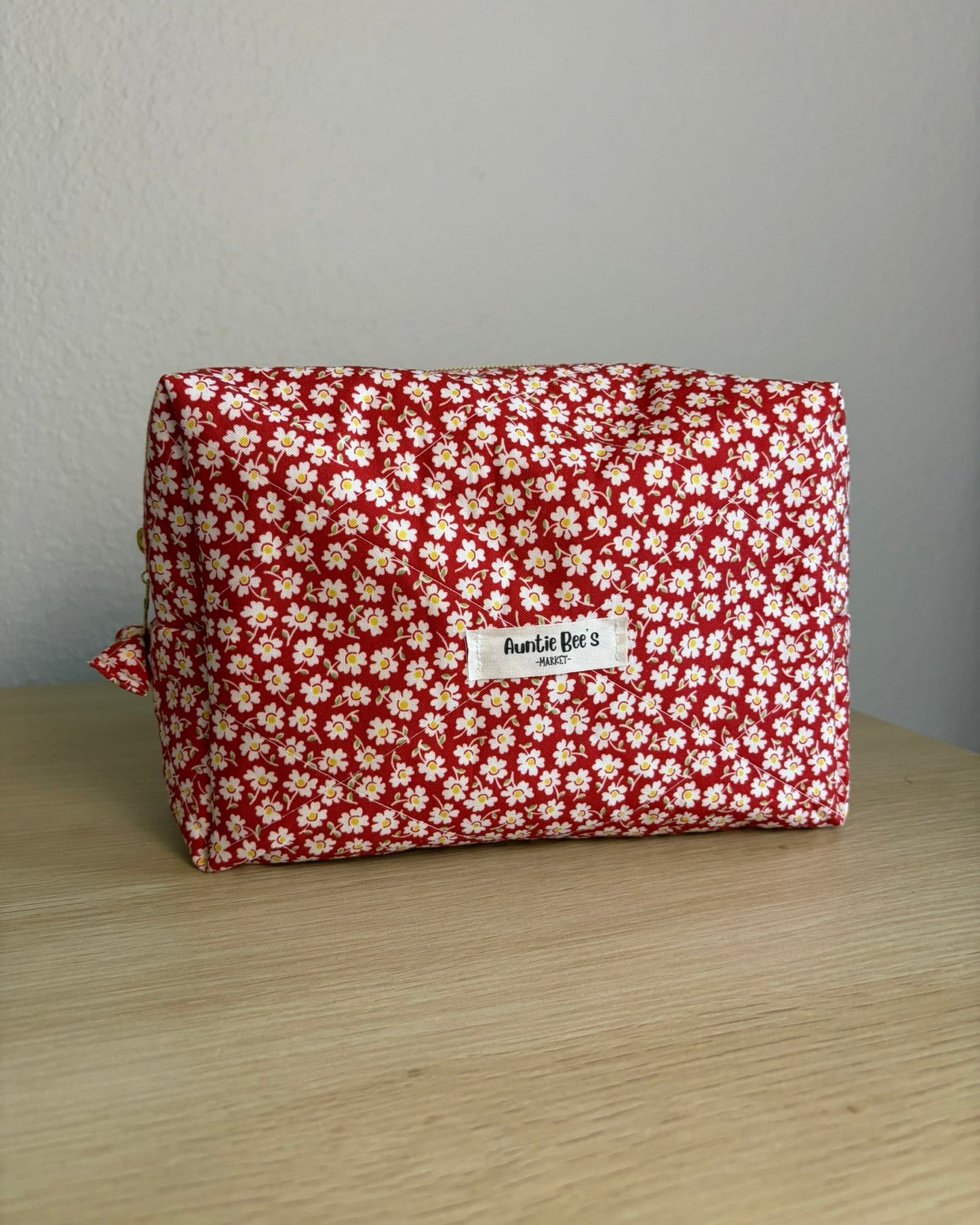 Handmade Quilted Red Floral Makeup Box Pouch