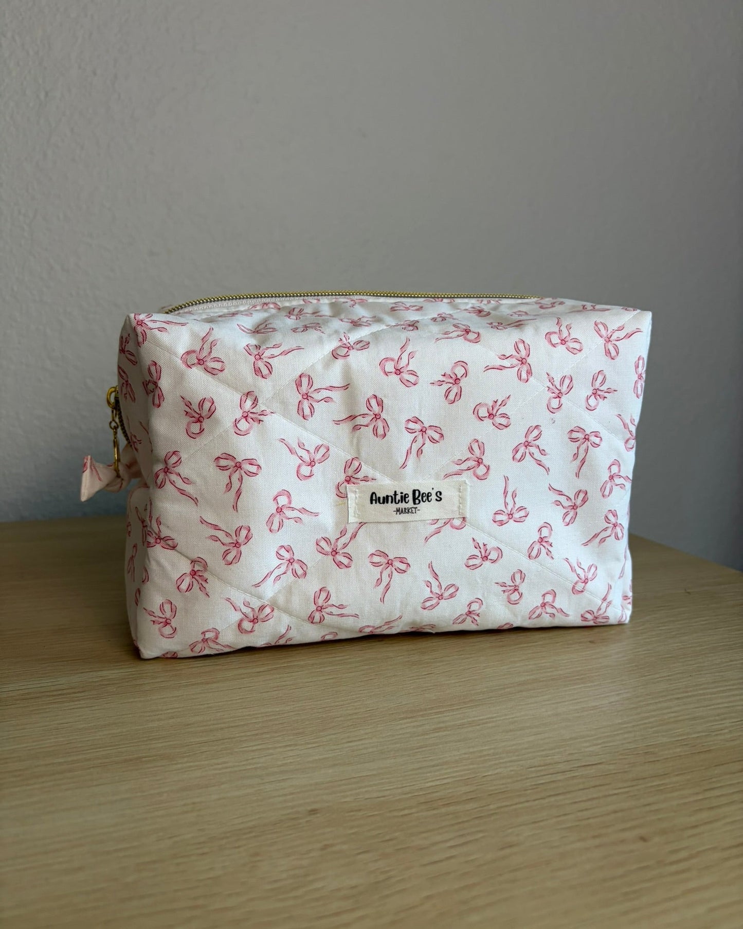 Handmade Quilted Pink Ribbon Makeup Box Pouch + Pink Gingham