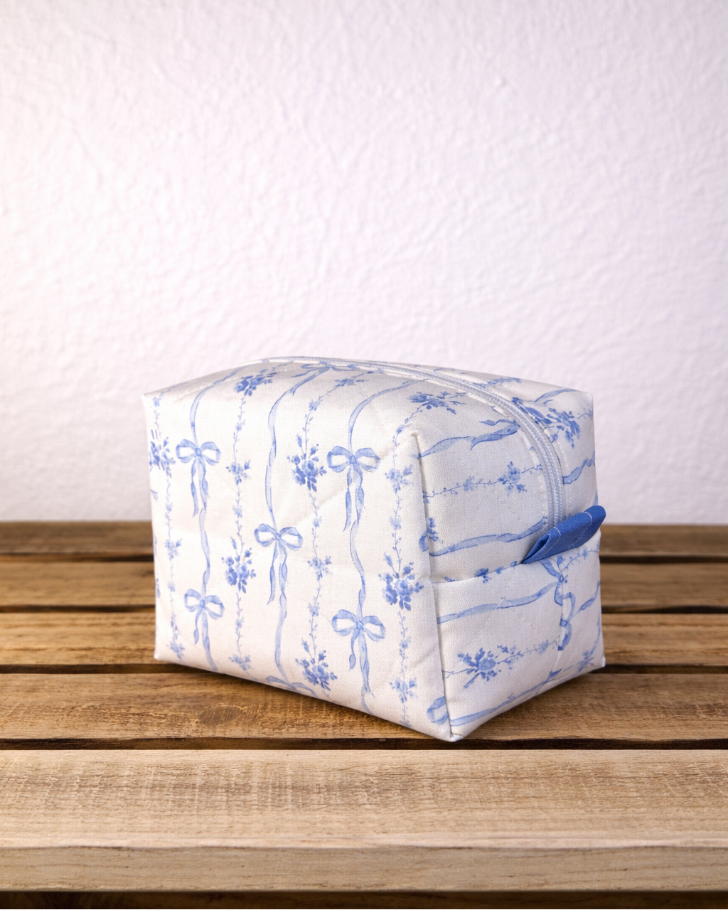 Quilted Cosmetic Pouch- Blue Ribbon