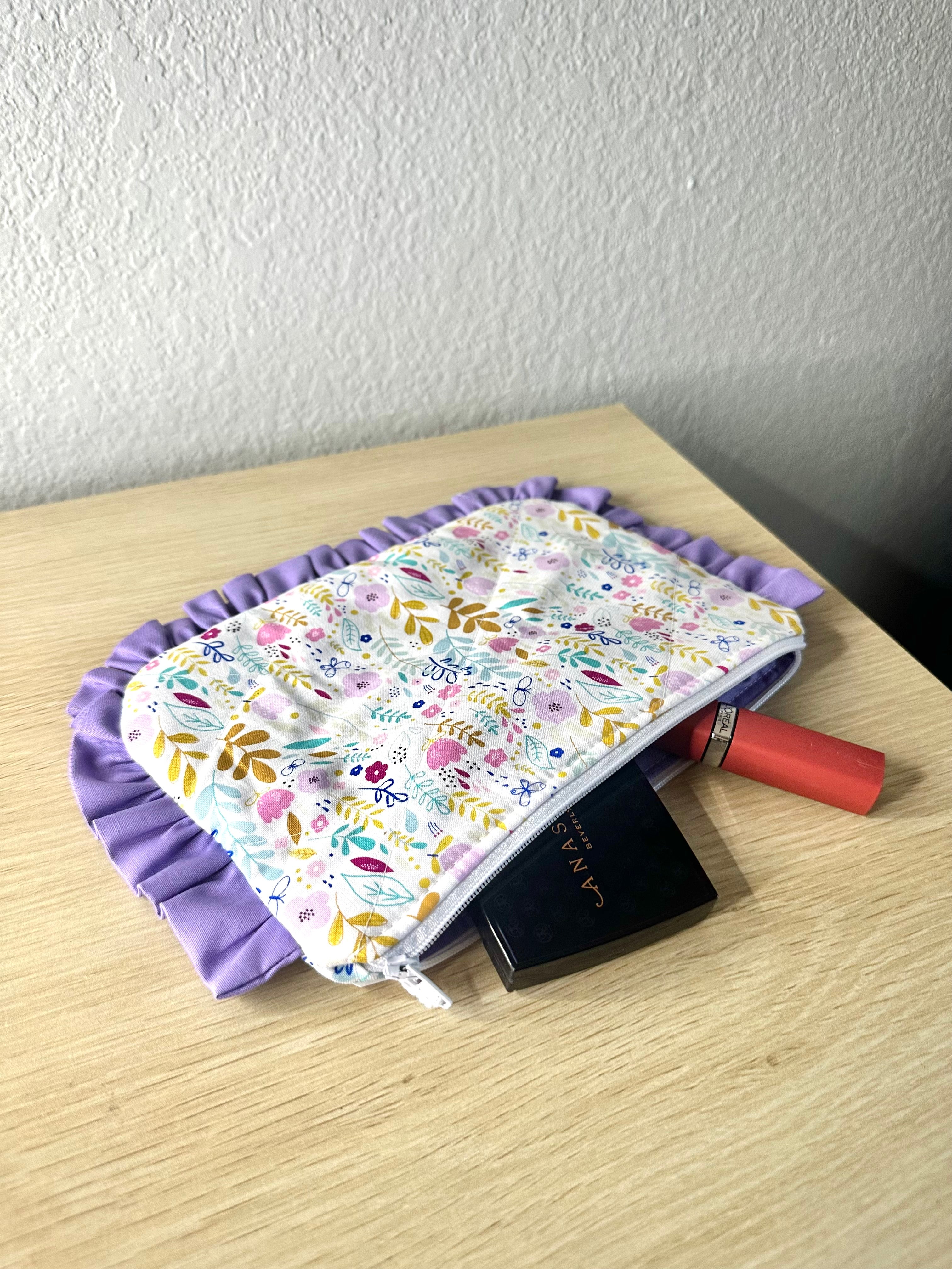 Quilted Makeup Bag Handmade | Ruffled Cosmetic Pouch | Cottagecore Gift