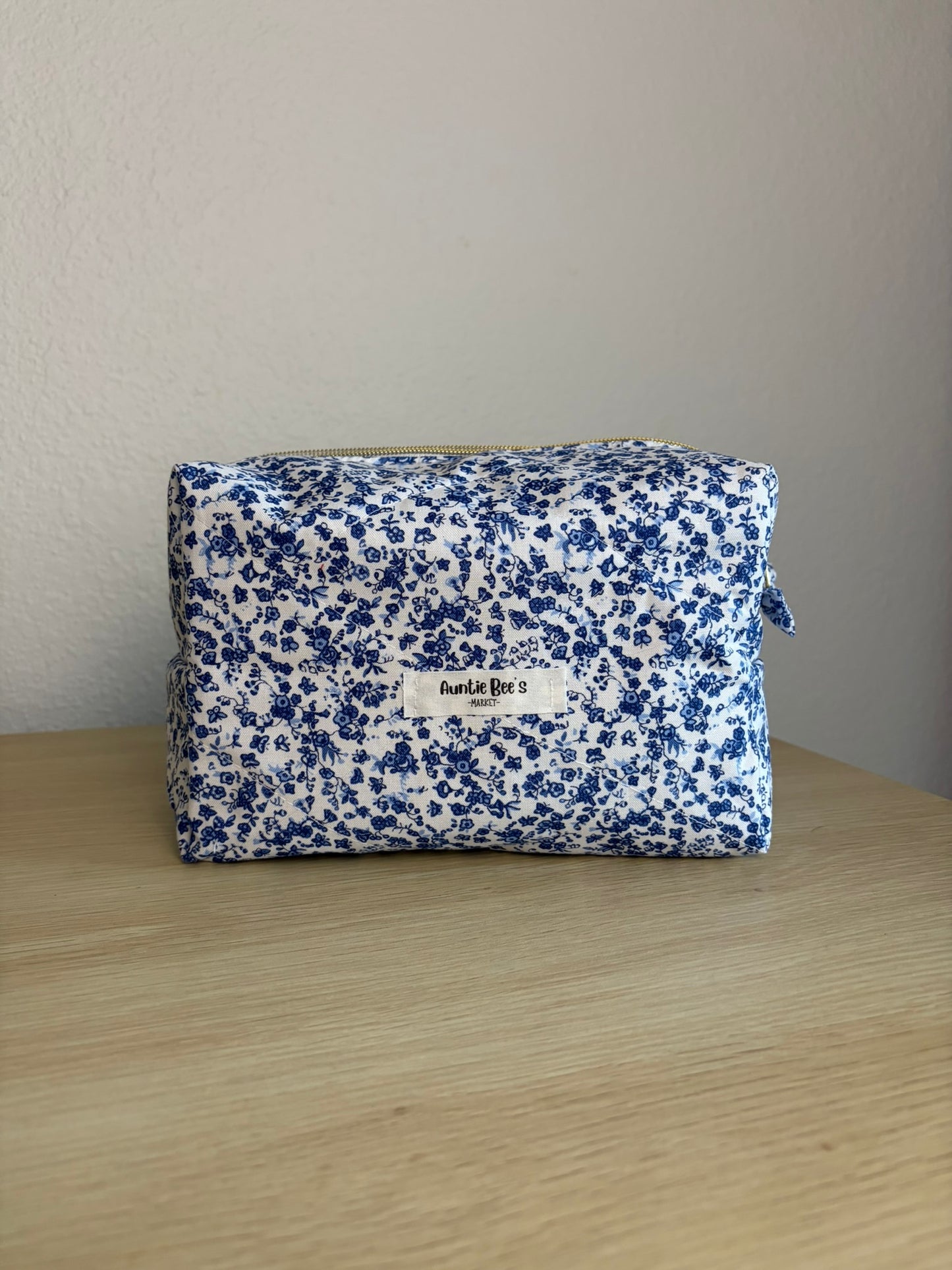 Handmade Quilted Blue Floral Makeup Box Pouch + Red Gingham