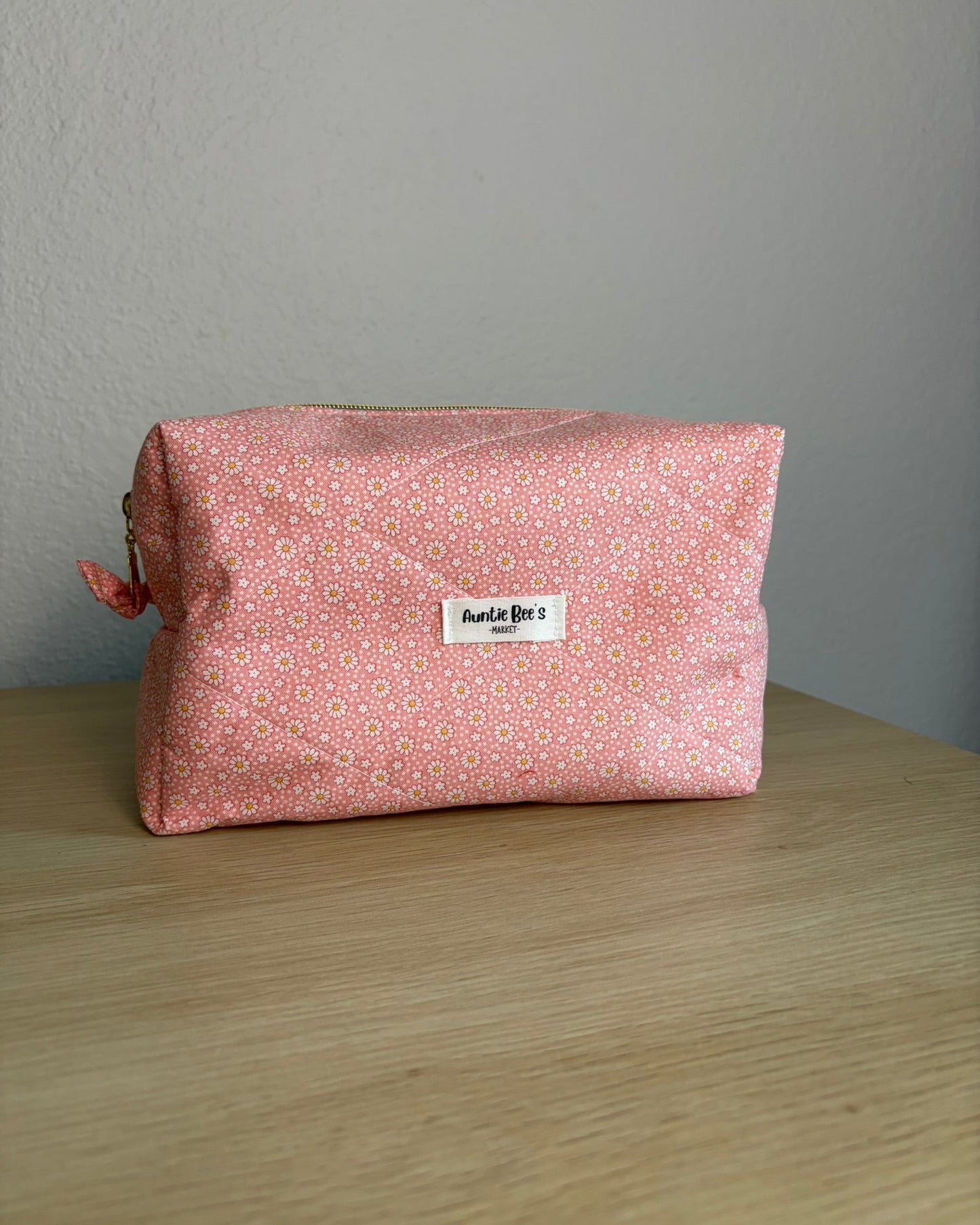 Handmade Quilted Pink Floral Makeup Box Pouch + Pink Gingham