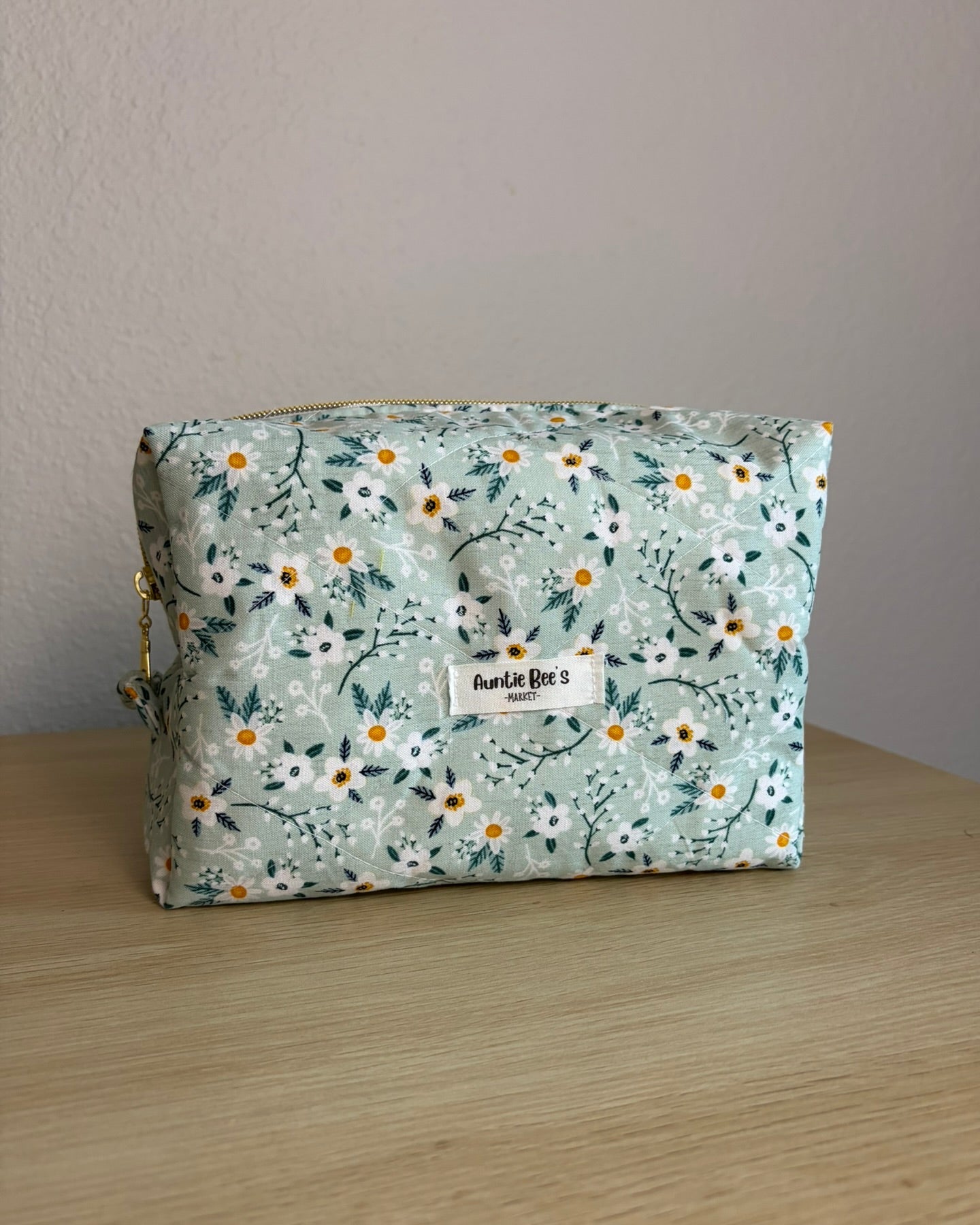 Handmade Quilted Teal Floral Makeup Box Pouch + Yellow Gingham