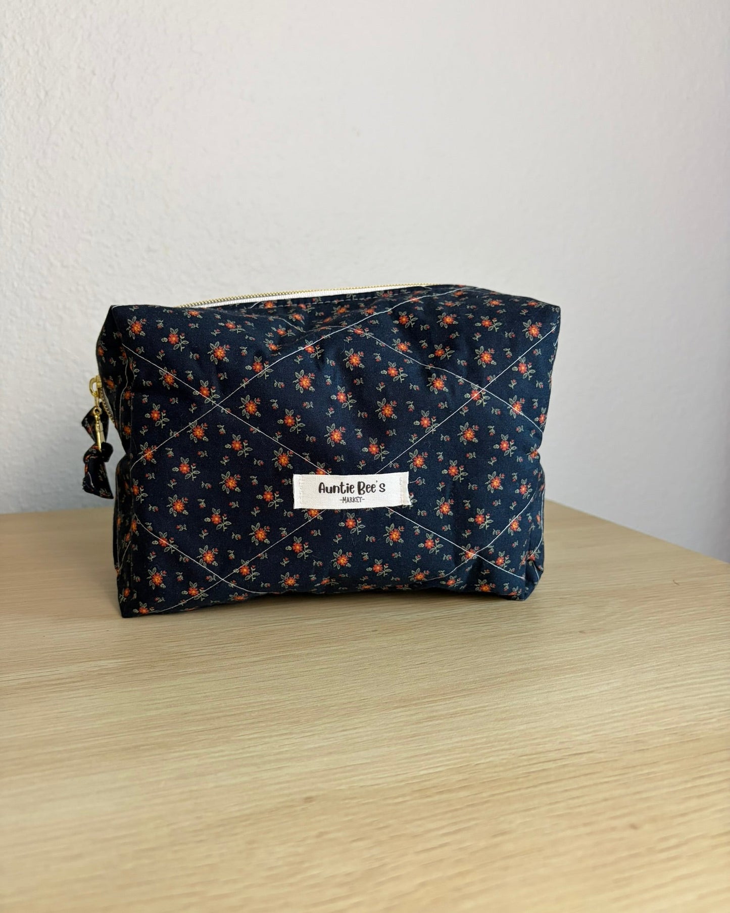 Handmade Quilted Black Floral Makeup Box Pouch + Red Gingham