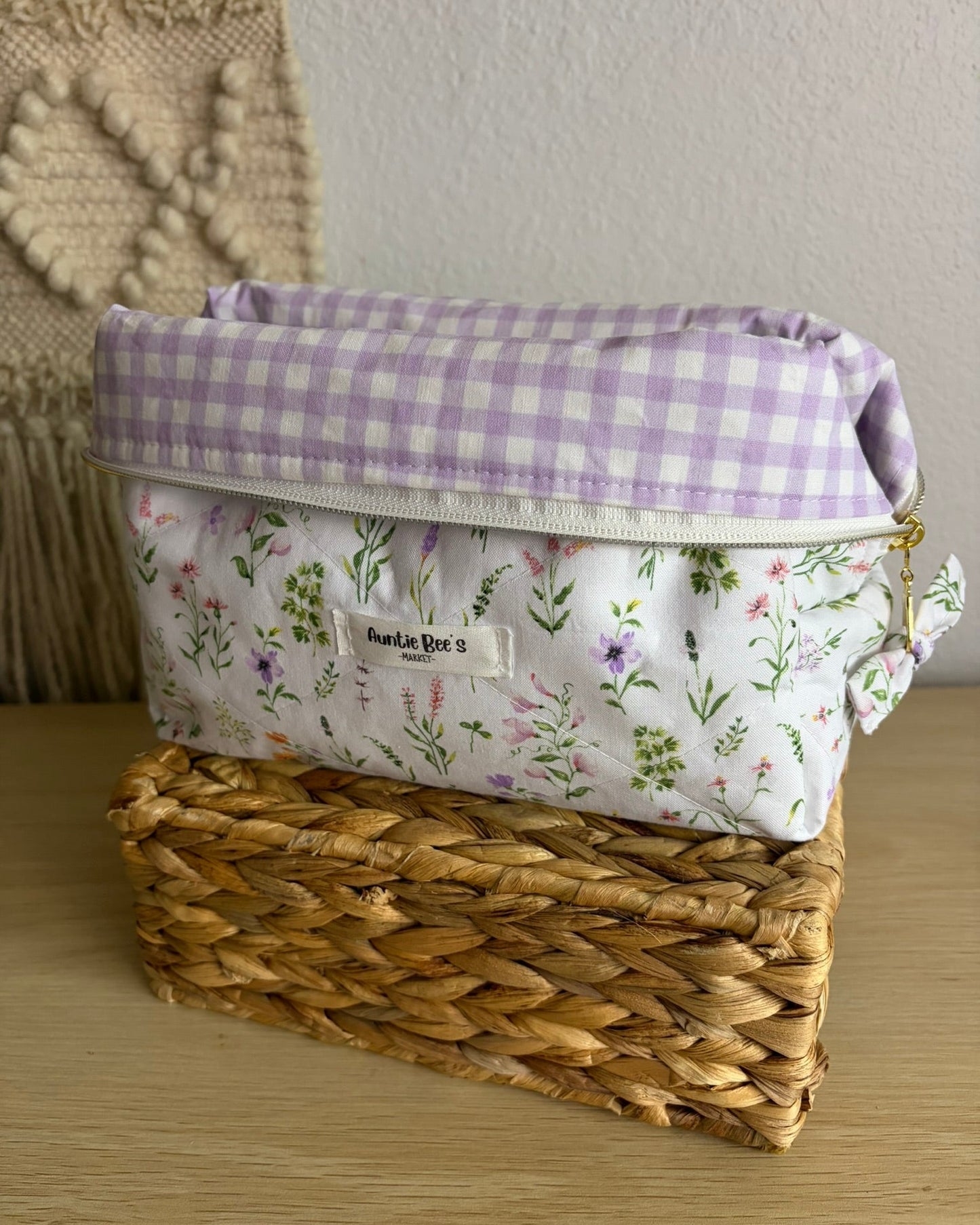 Handmade Quilted White Floral Makeup Box Pouch + Purple Gingham