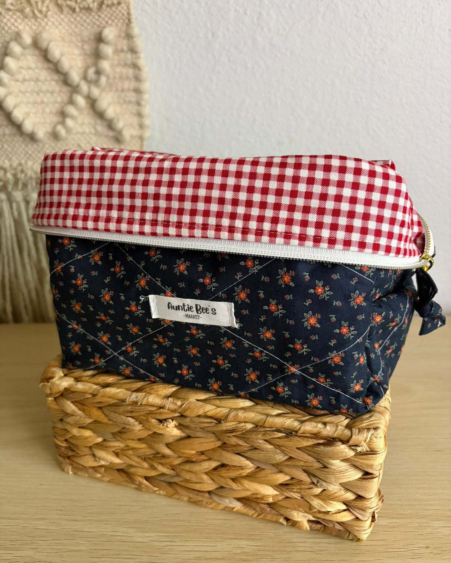 Handmade Quilted Black Floral Makeup Box Pouch + Red Gingham