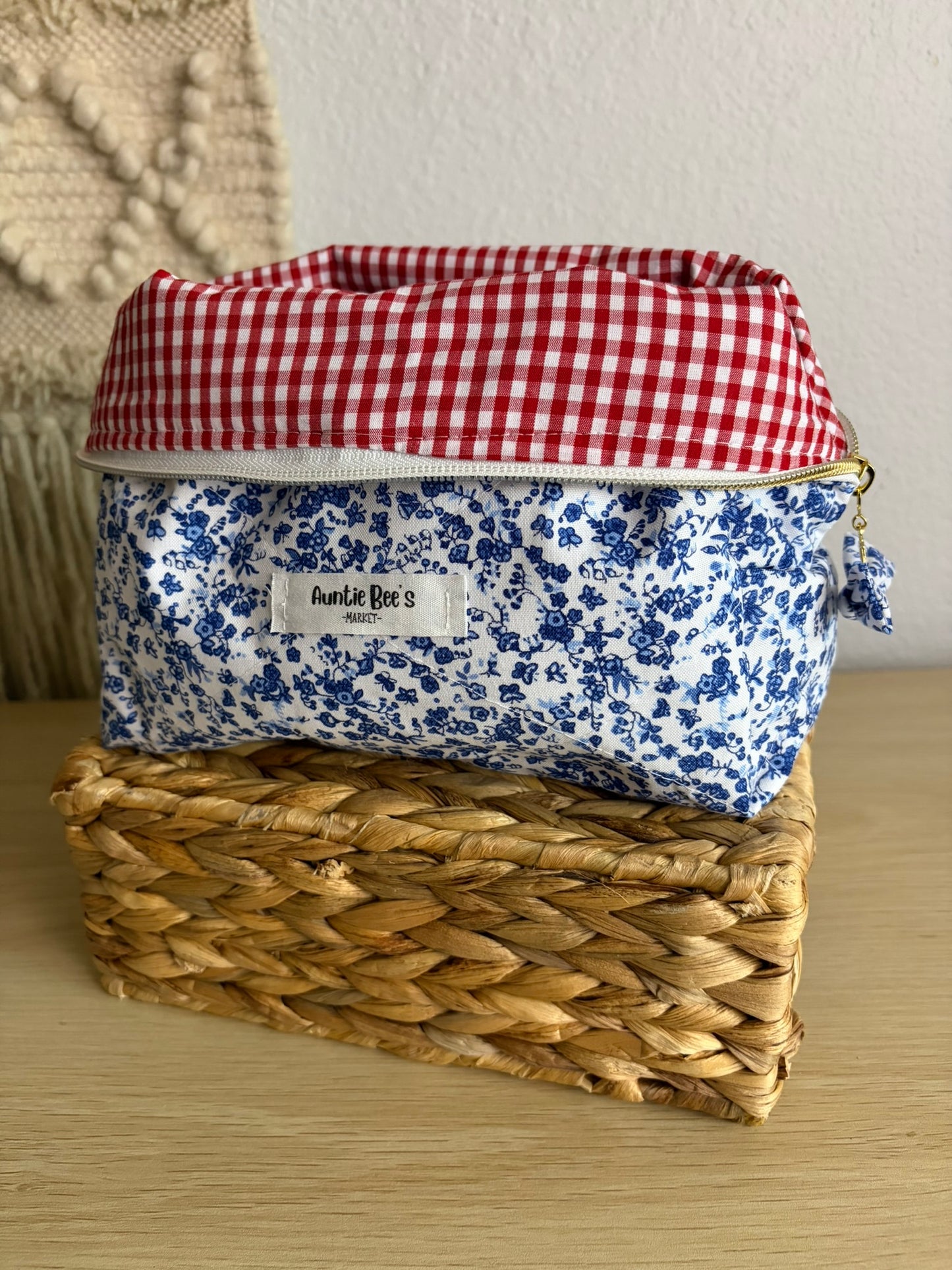 Handmade Quilted Blue Floral Makeup Box Pouch + Red Gingham