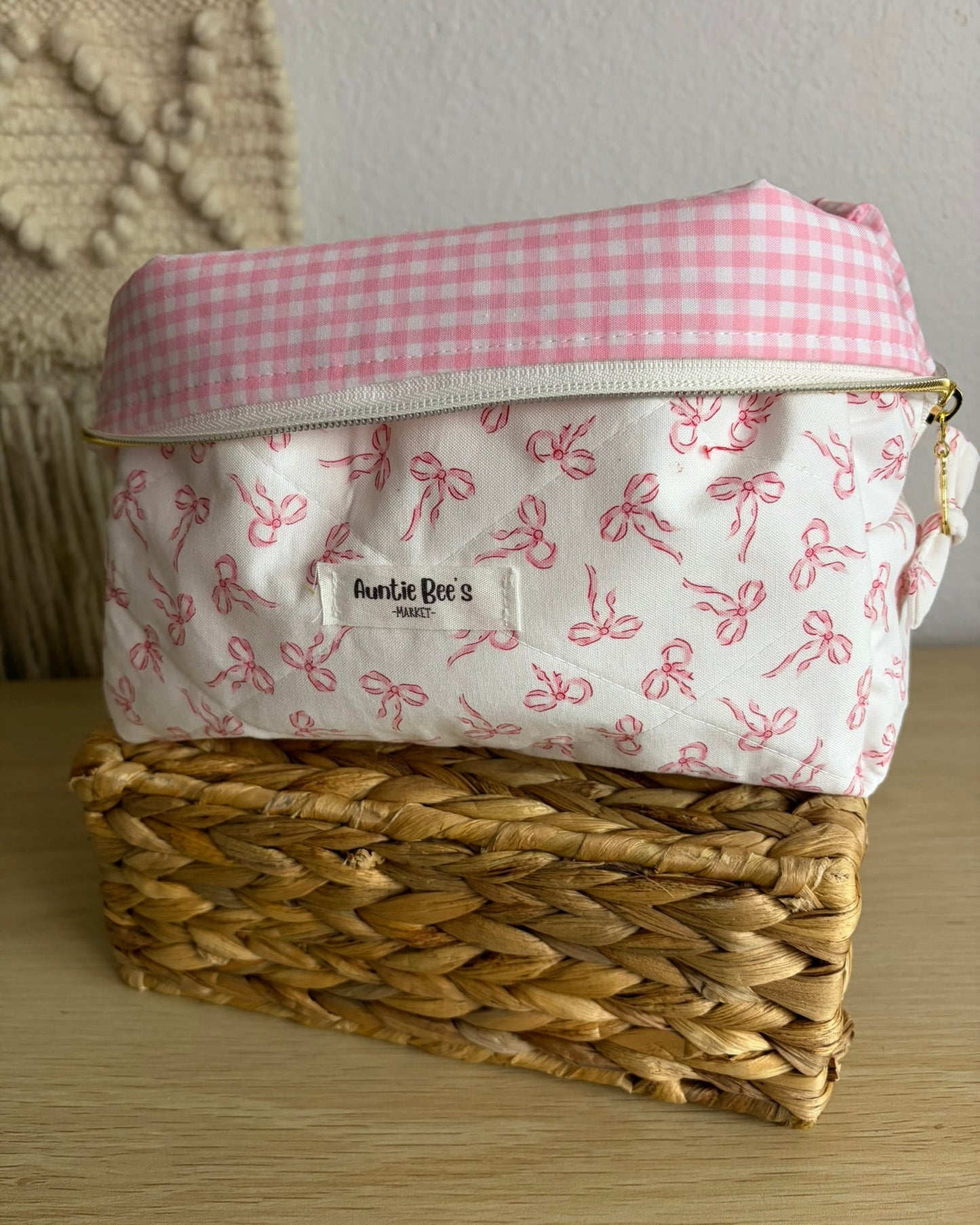 Handmade Quilted Pink Ribbon Makeup Box Pouch + Pink Gingham