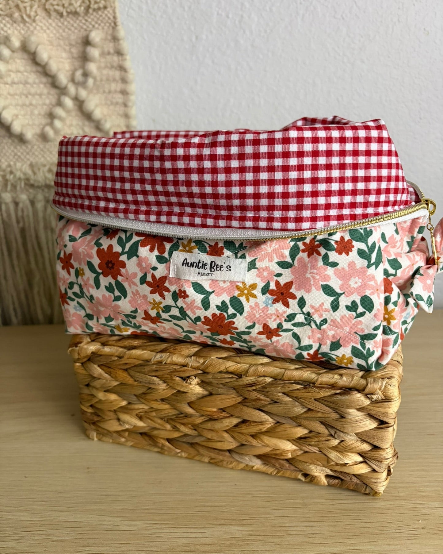 Handmade Quilted Red Pink Floral Makeup Box Pouch + Red Gingham
