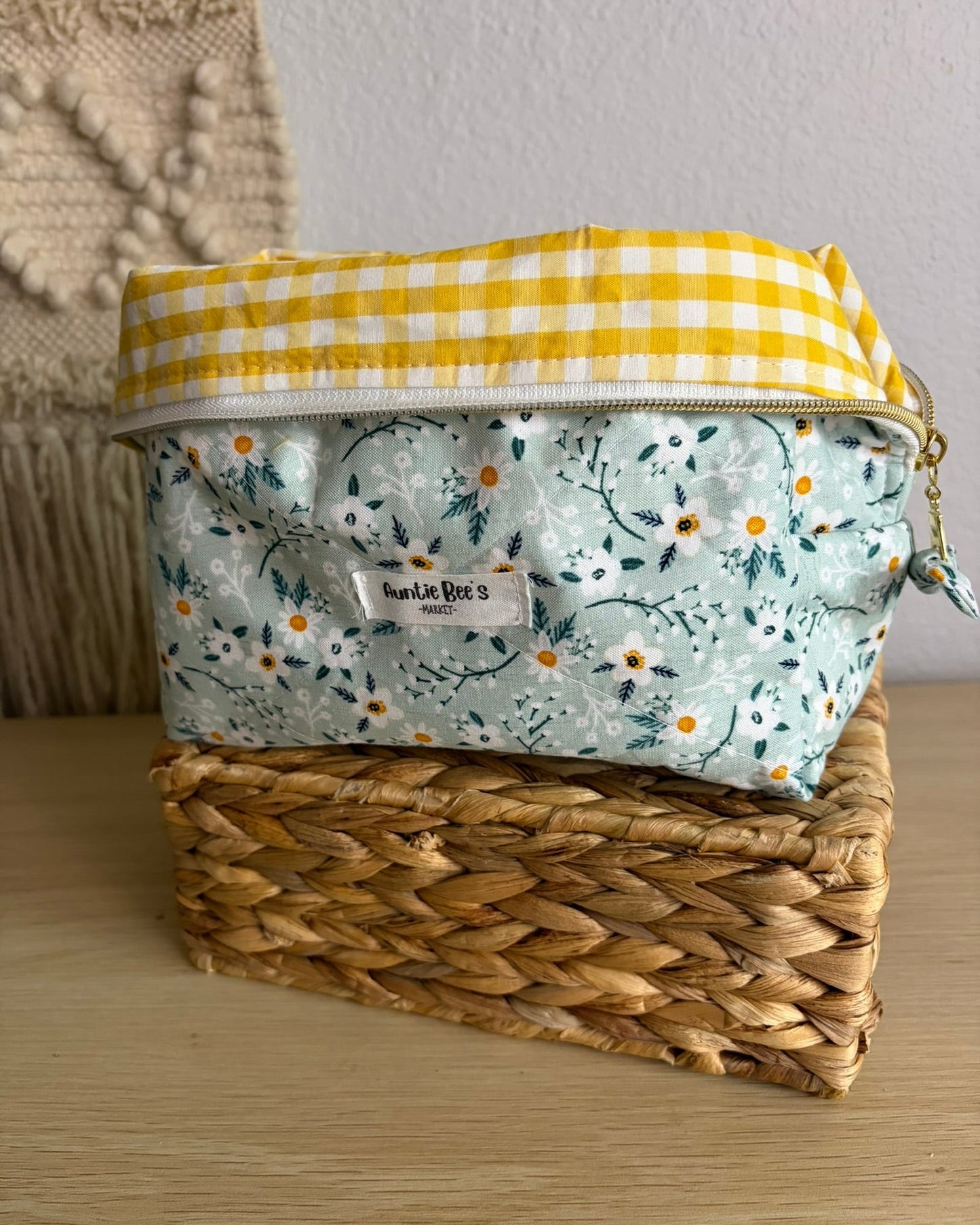 Handmade Quilted Teal Floral Makeup Box Pouch + Yellow Gingham