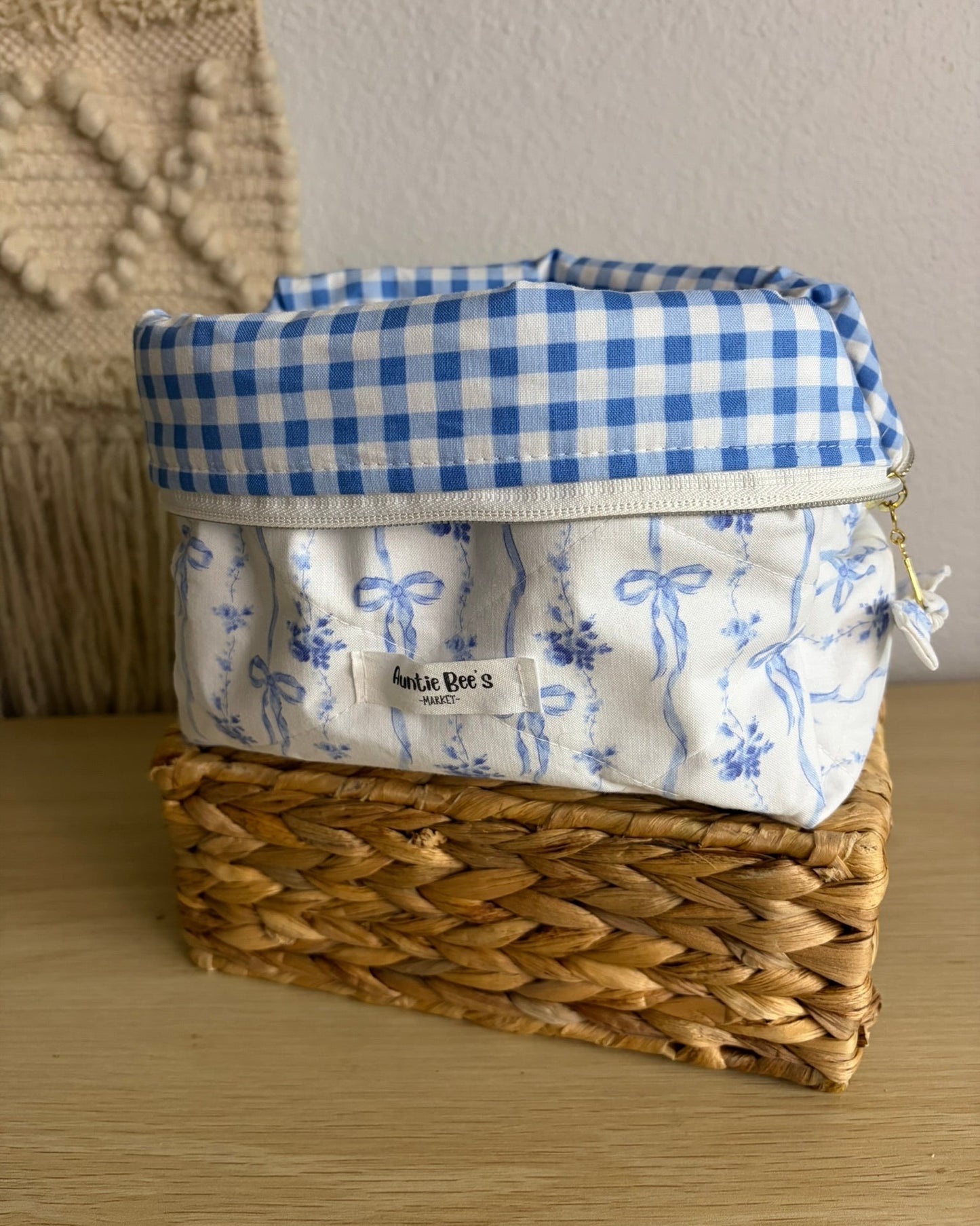 Handmade Quilted Blue Ribbon Makeup Box Pouch + Blue Gingham