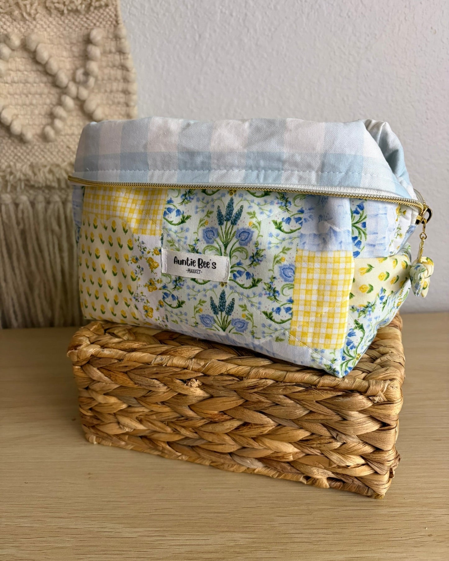 Handmade Quilted Yellow and Blue Patchwork Makeup Box Pouch