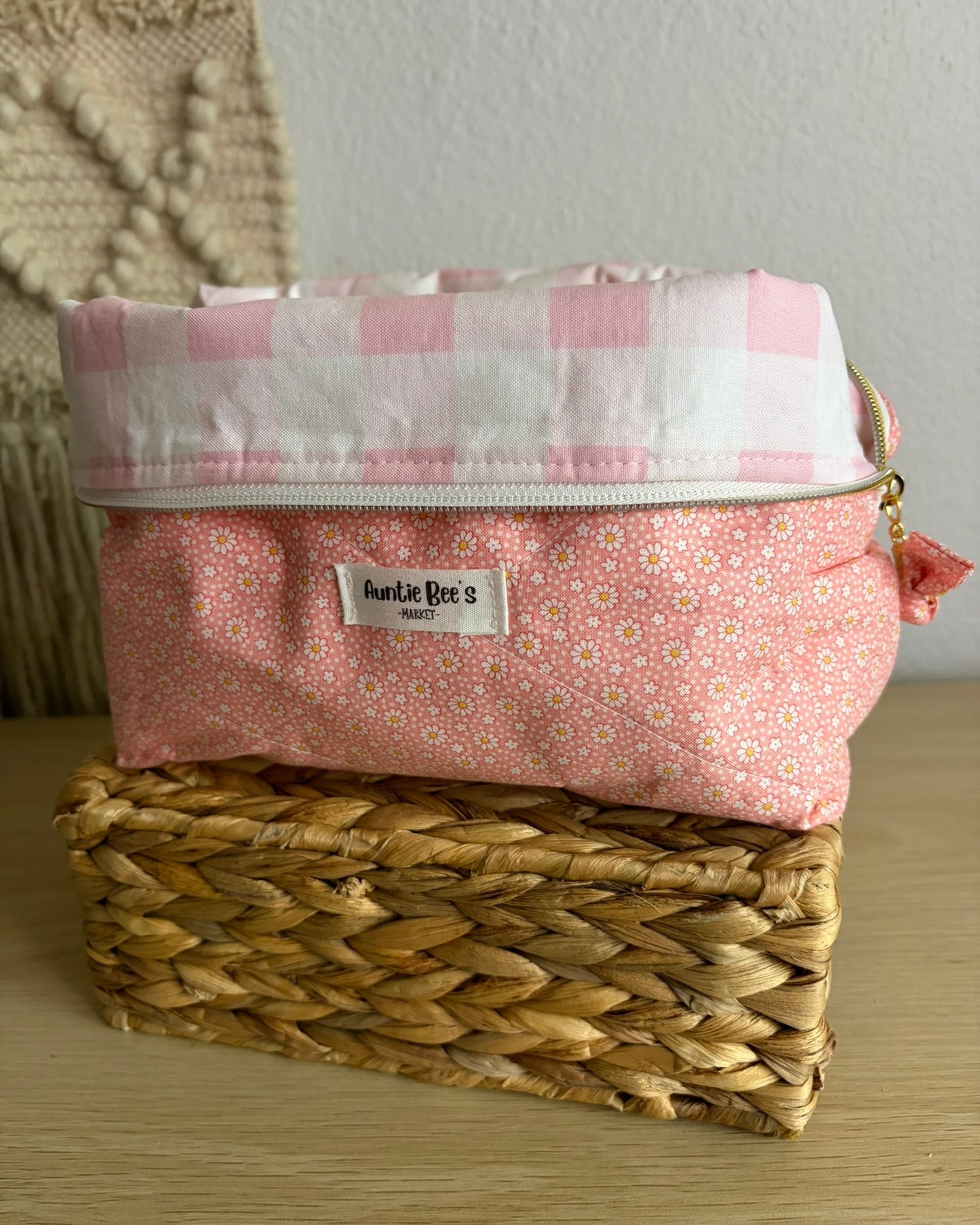 Handmade Quilted Pink Floral Makeup Box Pouch + Pink Gingham