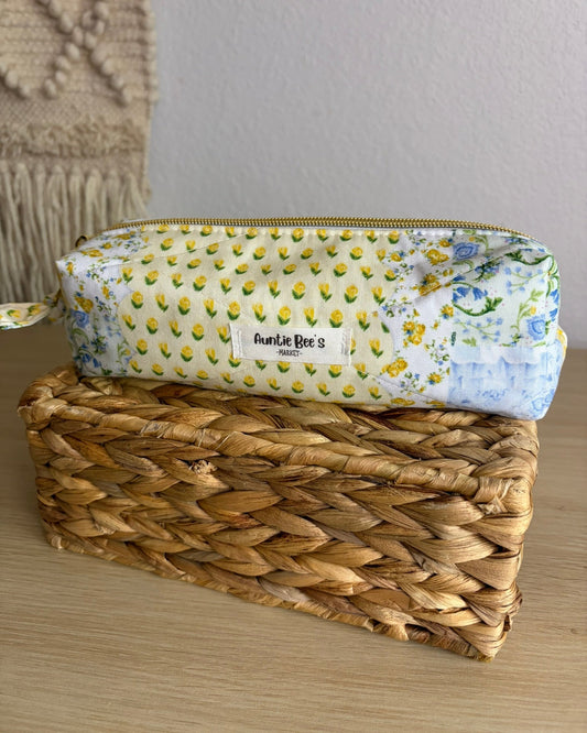 Yellow + Blue Patchwork Pencil Pouch | Makeup Brush Pouch