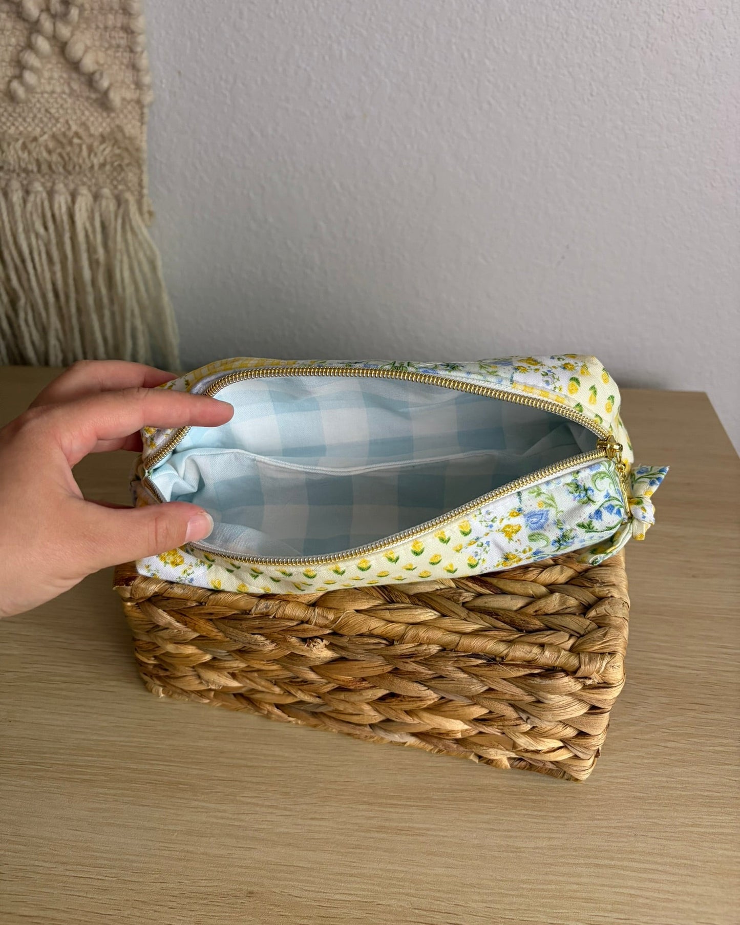 Yellow + Blue Patchwork Pencil Pouch | Makeup Brush Pouch