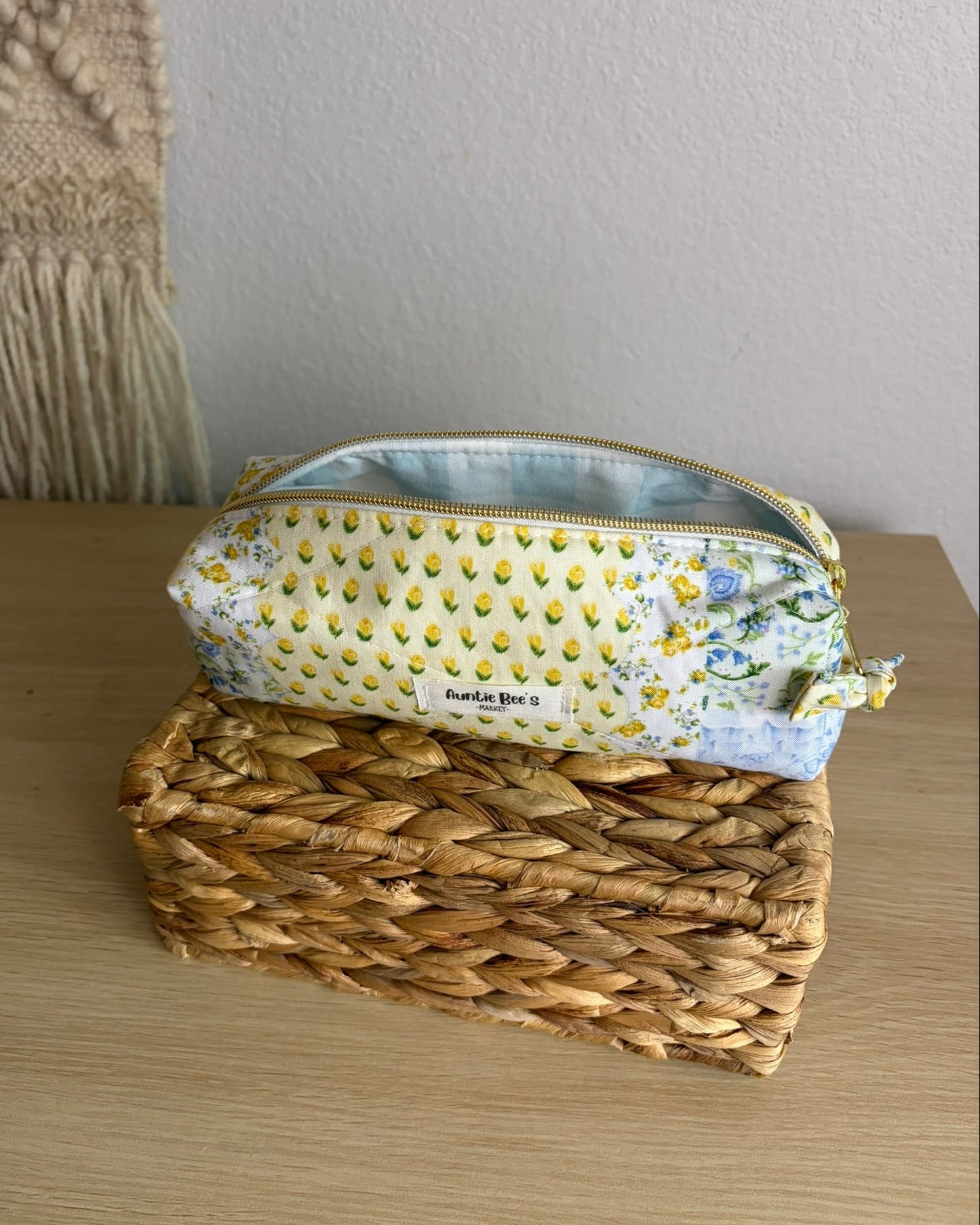Yellow + Blue Patchwork Pencil Pouch | Makeup Brush Pouch