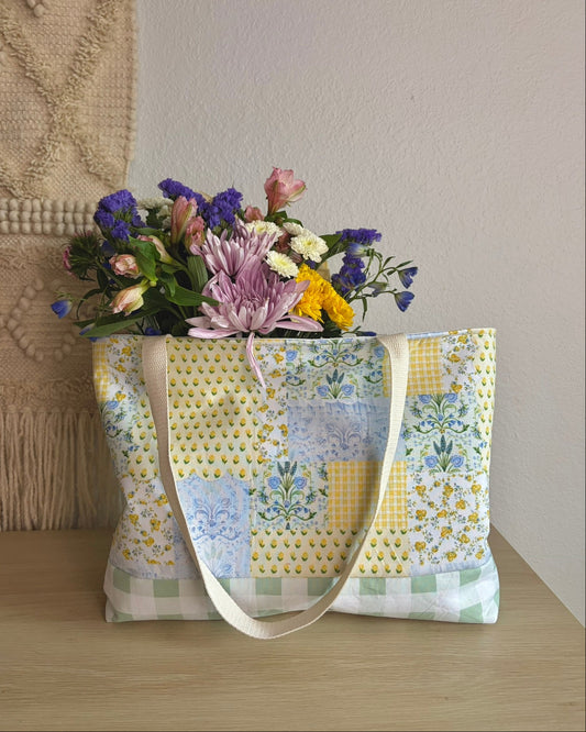 Patchwork Cottage Tote Bag | Handmade Floral Market Tote with Sage Gingham Lining