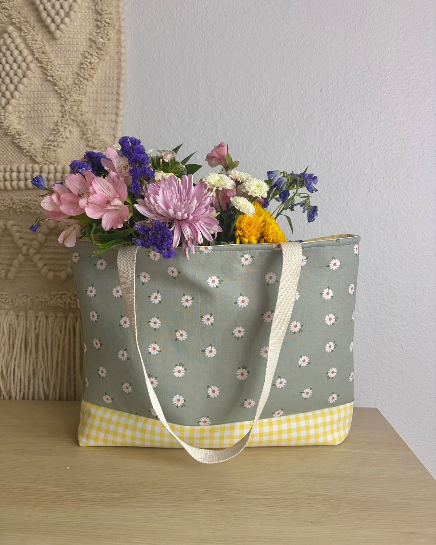 Sage Green Daisy Tote Bag | Handmade Floral Canvas Shoulder Bag