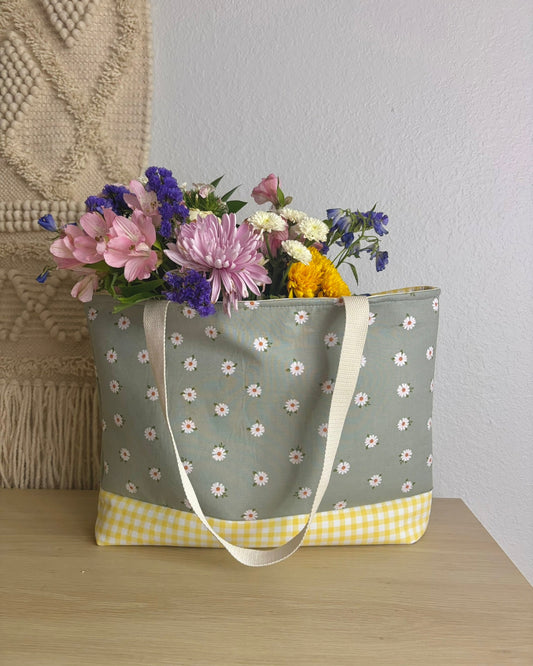 Sage Green Daisy Tote Bag | Handmade Floral Canvas Shoulder Bag