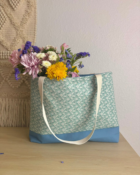 Blue Floral Canvas Tote Bag | Handmade Everyday Shoulder Bag