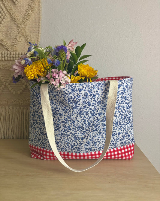 Blue Floral Tote Bag | Cottagecore Market Tote | Handmade Everyday Shoulder Bag