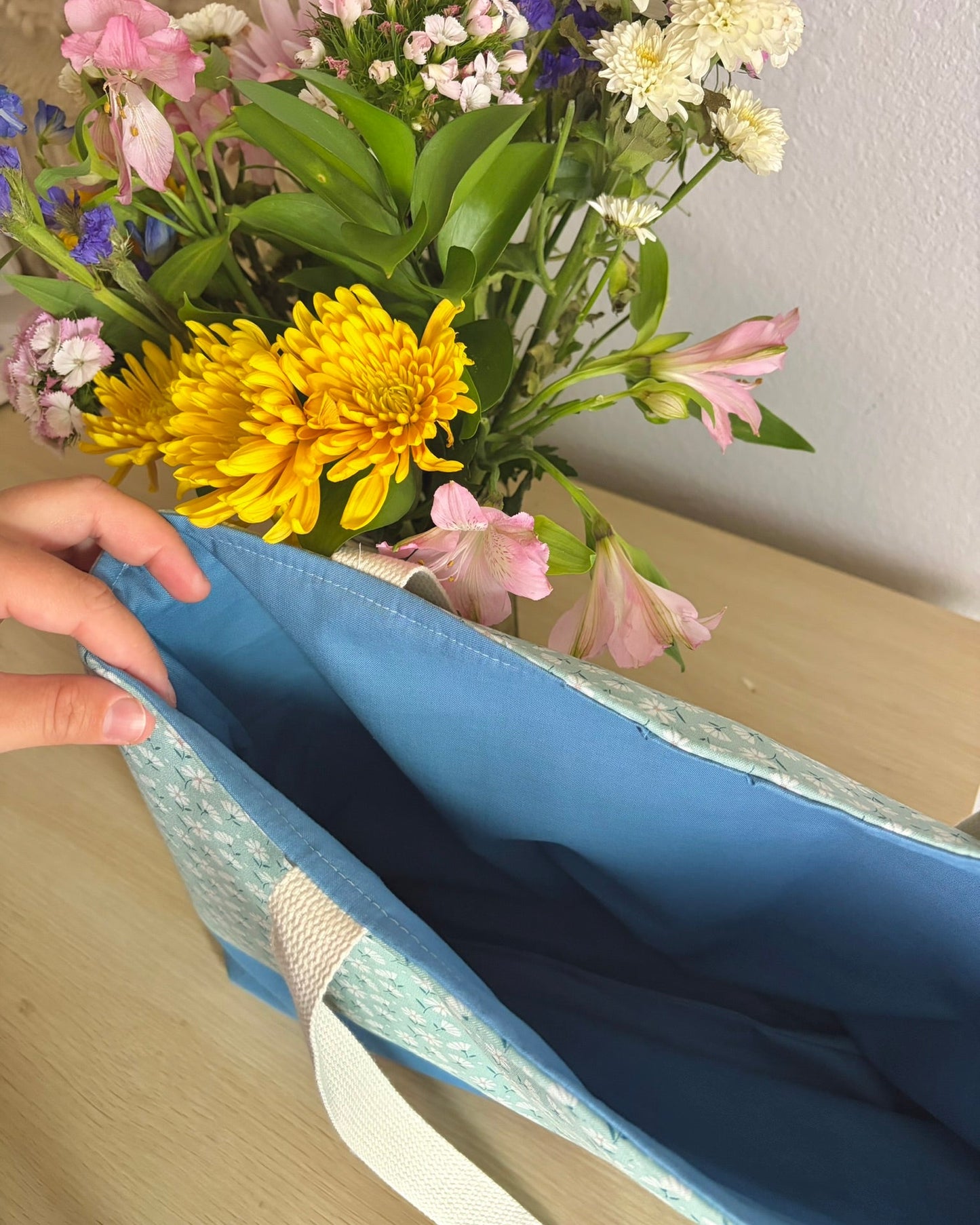 Blue Floral Canvas Tote Bag | Handmade Everyday Shoulder Bag
