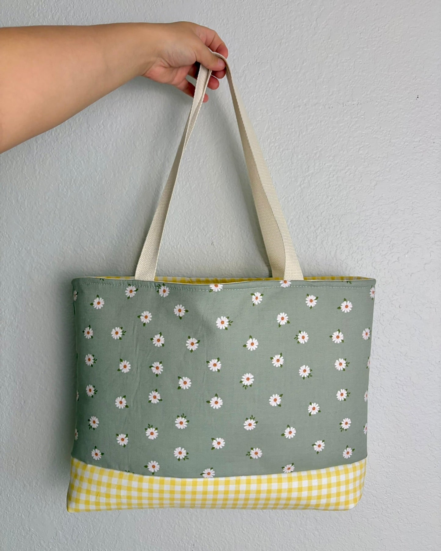 Sage Green Daisy Tote Bag | Handmade Floral Canvas Shoulder Bag