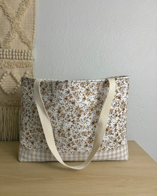 Vintage Brown Floral & Gingham Tote Bag | Cottagecore Market Tote | Handmade Everyday Shoulder Bag