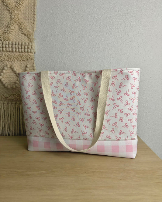 Pink Ribbon Gingham Tote Bag | Cottagecore Market Tote | Handmade Everyday Shoulder Bag