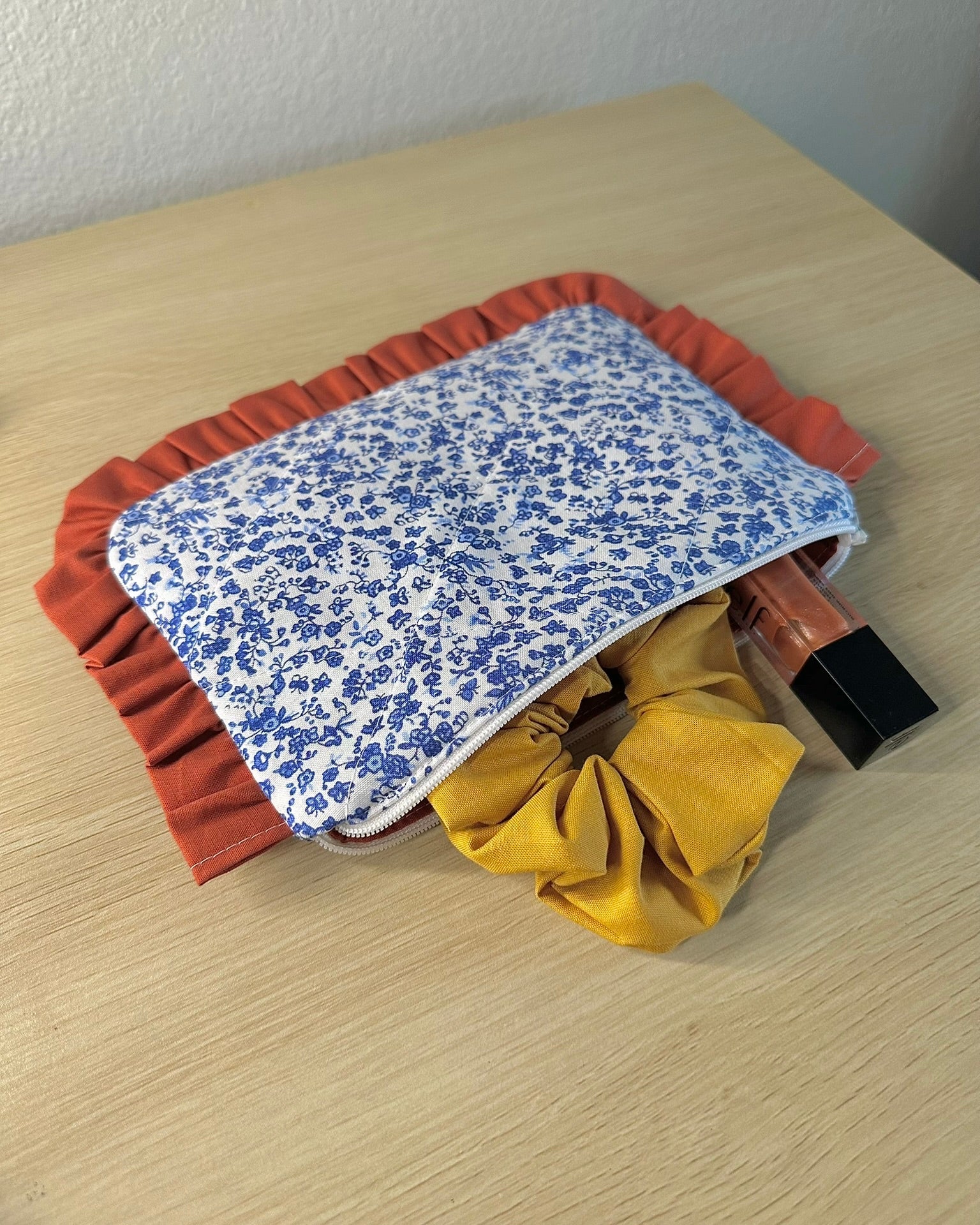 Quilted Makeup Bag Handmade | Ruffled Cosmetic Pouch | Cottagecore Gift