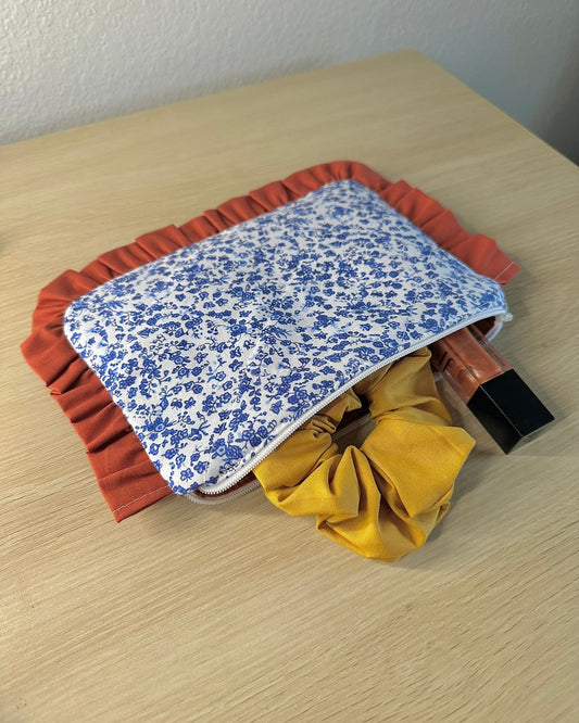 Quilted Makeup Bag Handmade | Ruffled Cosmetic Pouch | Cottagecore Gift