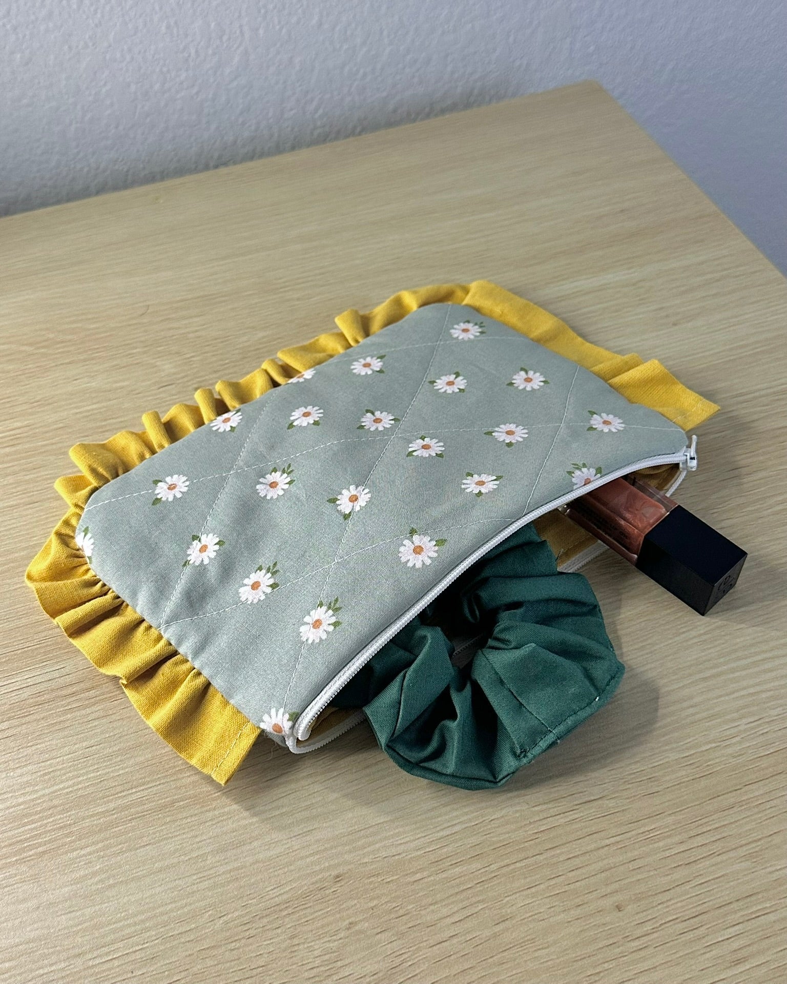 Quilted Makeup Bag Handmade | Ruffled Cosmetic Pouch | Cottagecore Gift