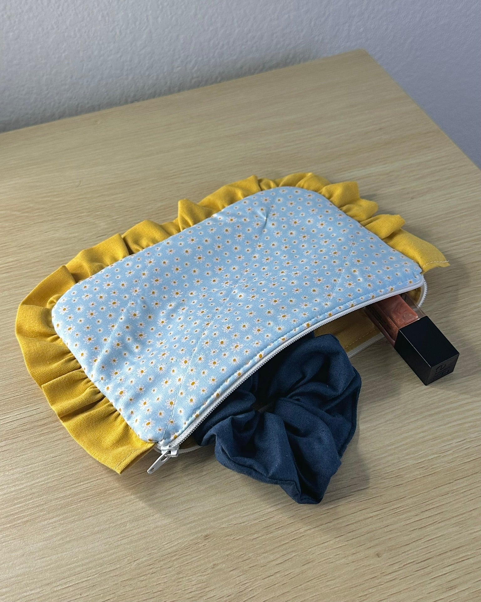 Quilted Makeup Bag Handmade | Ruffled Cosmetic Pouch | Cottagecore Gift