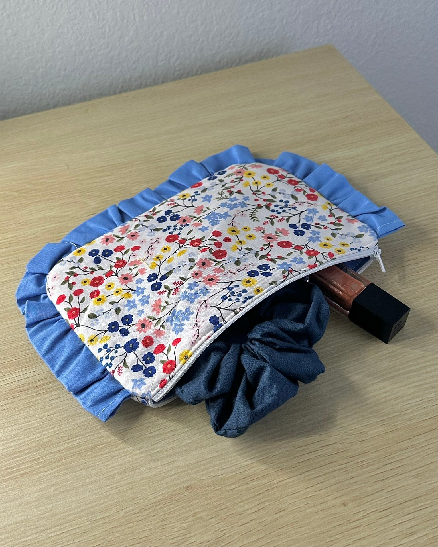 Quilted Makeup Bag Handmade | Ruffled Cosmetic Pouch | Cottagecore Gift