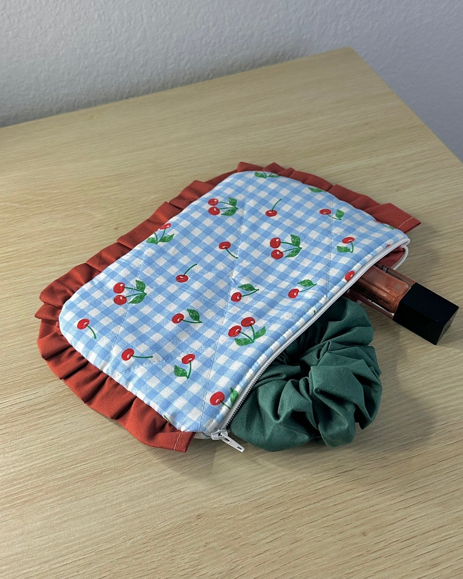 Quilted Makeup Bag Handmade | Ruffled Cosmetic Pouch | Cottagecore Gift