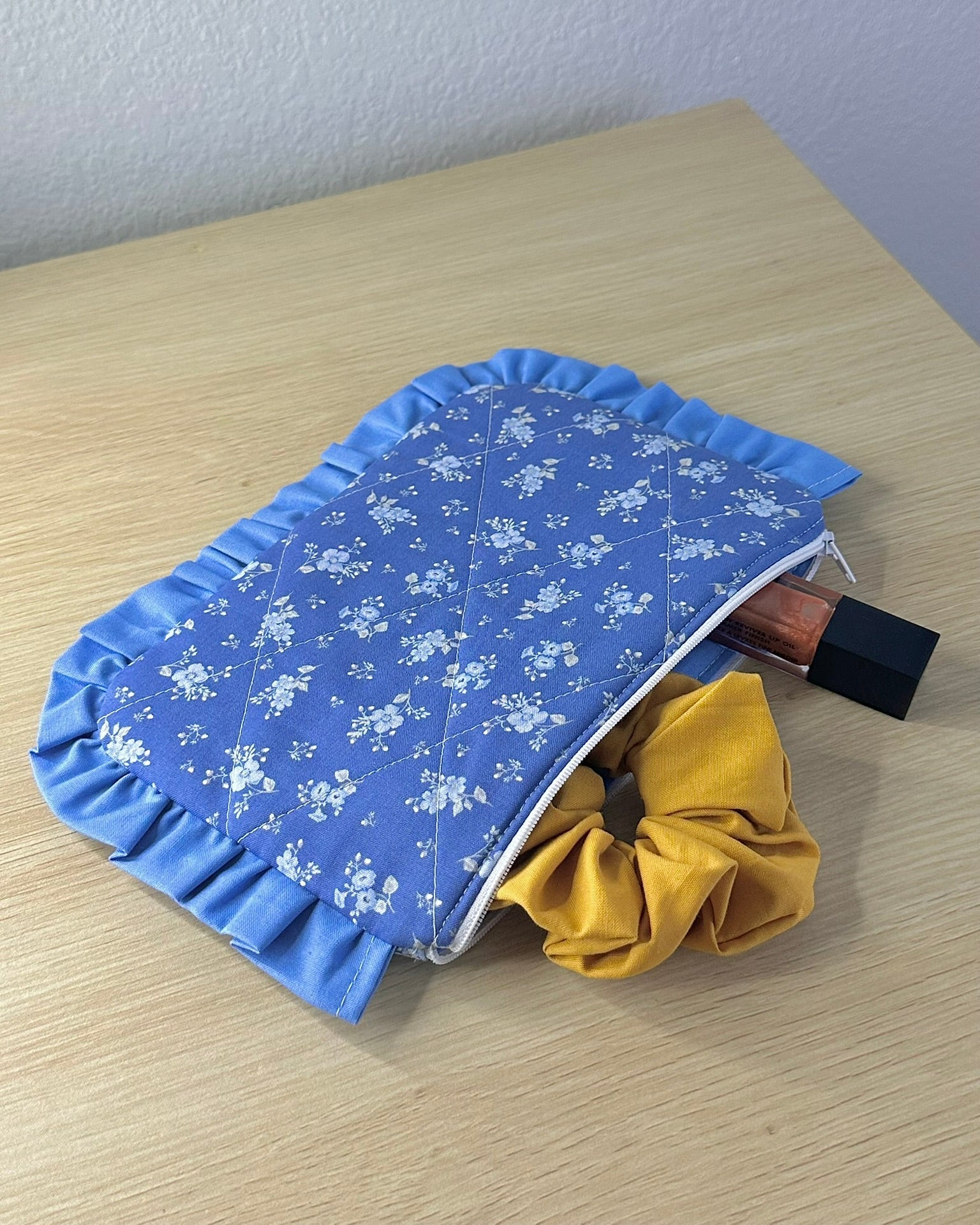 Quilted Makeup Bag Handmade | Ruffled Cosmetic Pouch | Cottagecore Gift